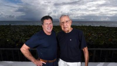 Storm Field (l), who reported the weather for several New York TV stations, is now retired and living in Florida near his dad, the pioneering TV meteorologist Dr. Frank Field (right).